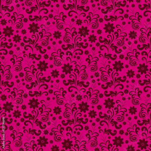 Seamless flower pattern in vector. Maroon and crimson color ornament and background, Wallpaper, fabric
