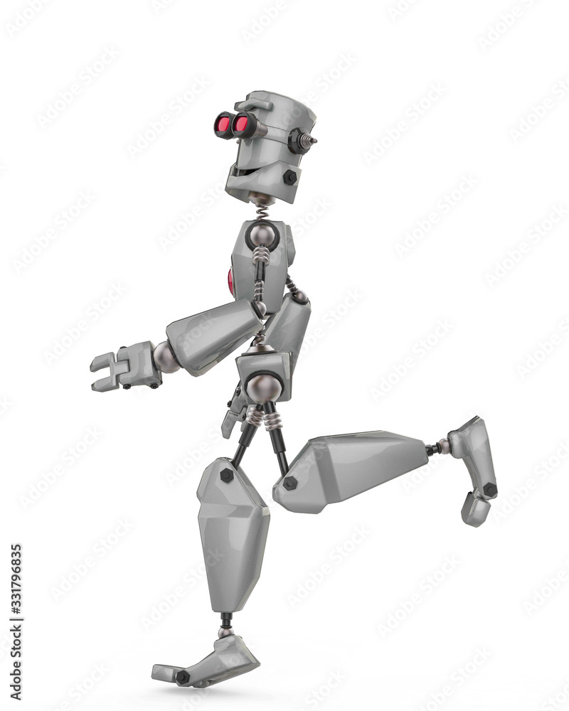 funny grey robot cartoon jogging in front in a white background funny grey robot cartoon jogging in front in a white background