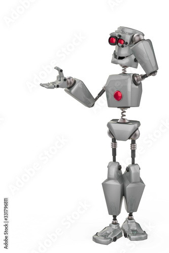 funny grey robot cartoon is watching in a white background