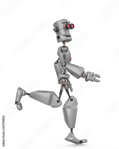 funny grey robot cartoon jogging in a white background side view