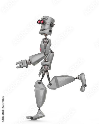 funny grey robot cartoon jogging in front in a white background