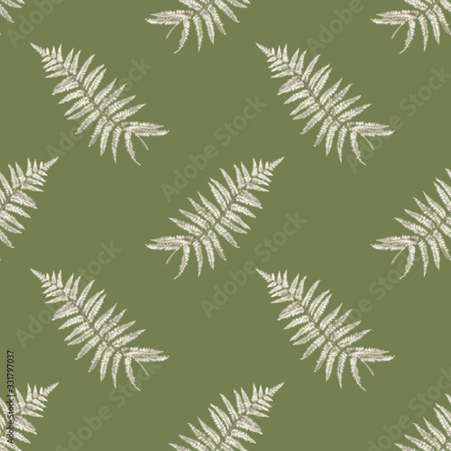 Seamless pattern beautiful vintage style monochrome white beige realistic fern branch leaf isolated on green background.