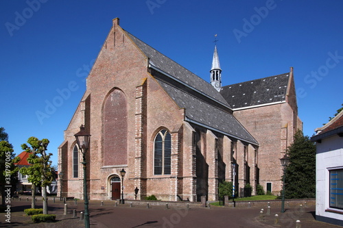 The gothic church of Burgh-Haamstede village with its brick facade in Schouwen-Duiveland, Zeeland, the Netherlands