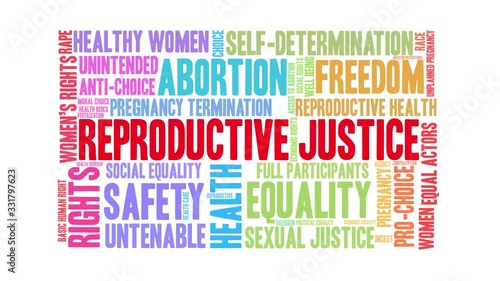 Reproductive Justice animated word cloud on a white background.