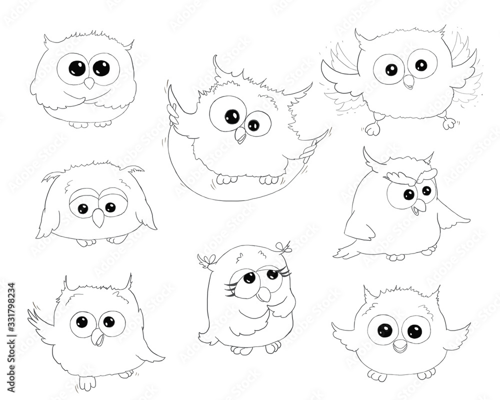 Illustration funny cartoon children coloring book cute colorless owls isolated on white background