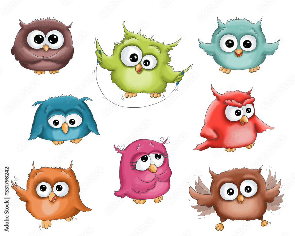 Illustration funny cartoon cute colorful green pink brown red blue orange owl isolated on white background