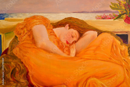 Oil paintong. Beautiful blonde girl. Fragment. Flaming June F. Leighton photo