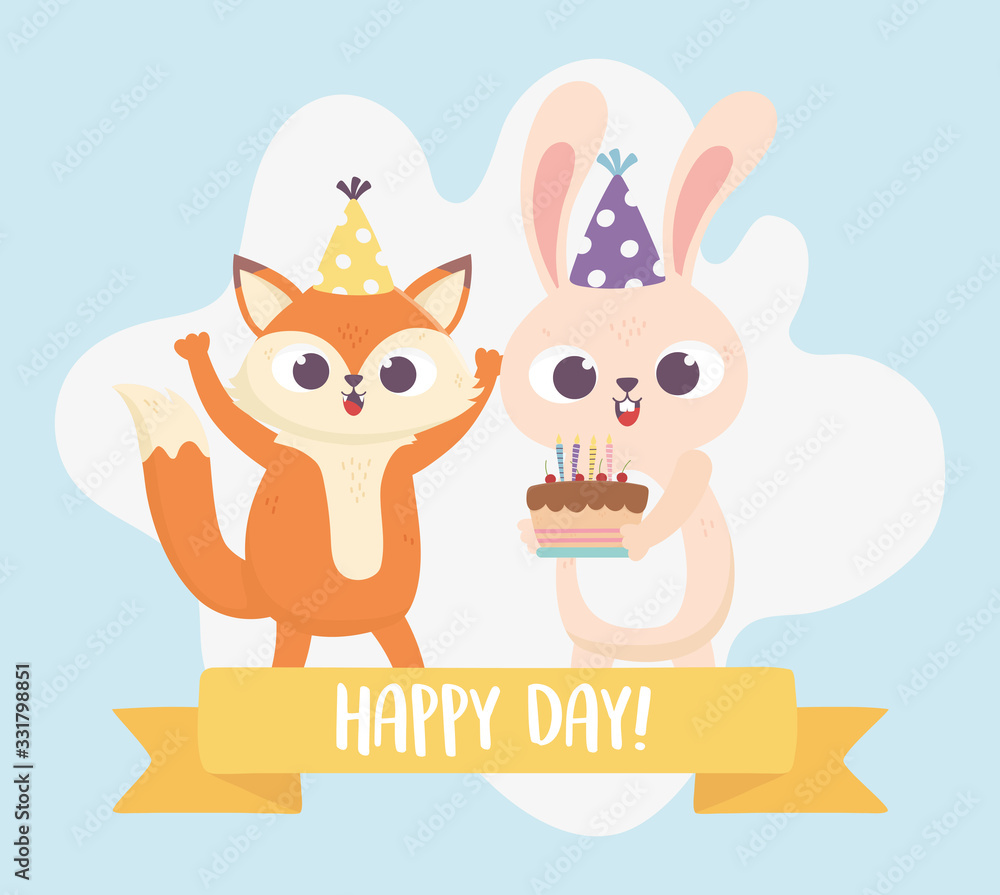 happy day, fox rabbit with cake and party hat
