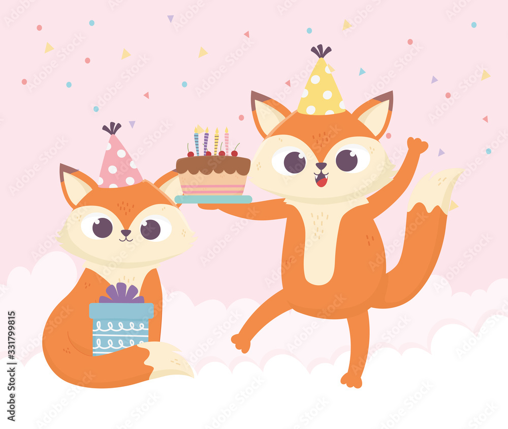 happy day, little foxes with cake and gift box