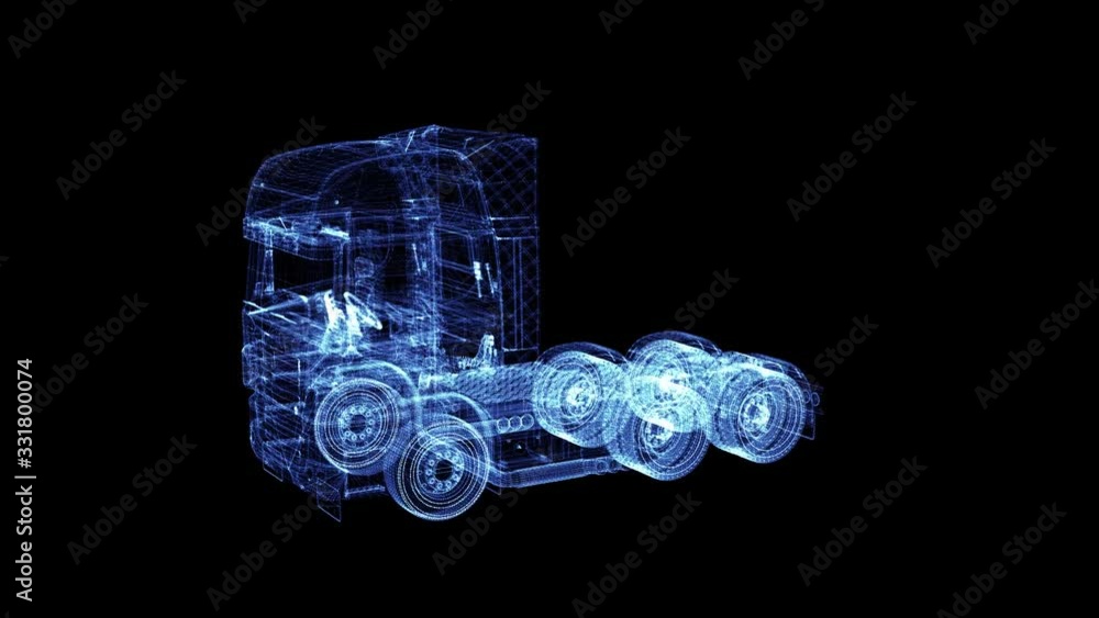 The hologram of a particle modern EURO TIR Truck. 3D animation of large goods vehicle on a black background with a seamless loop The hologram of a particle modern EURO TIR Truck. 3D animation of large goods vehicle on a black background with a seamless loop