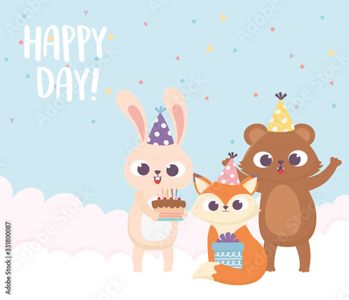 happy day, bear fox rabbit with party hat cake and gift