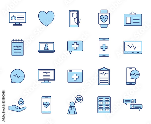 Isolated health online line and fill style icon set vector design