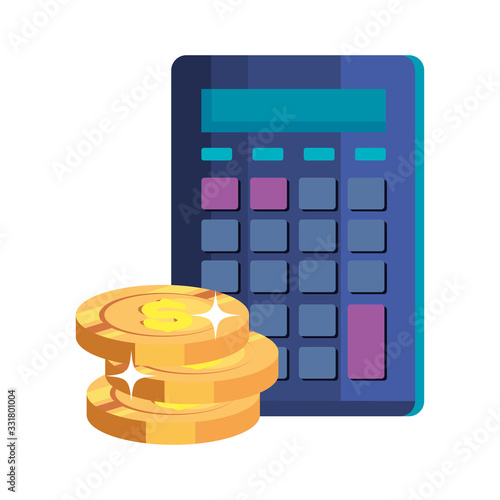 pile coins money cash with calculator vector illustration design