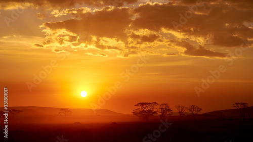 Beautiful sunset in Serengeti, Tanzania. Taken from the 4X4 while on a game drive during a safari trip around Kenya and Tanzania.  © Sergio