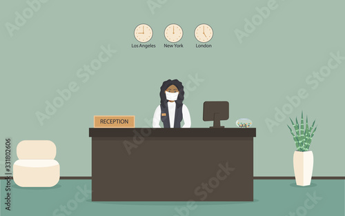 Receptionist black female in protective medical mask behind workplace in hotel or bank. Interior of modern reception desk in waiting room or hall in business office.Vector flat illustration