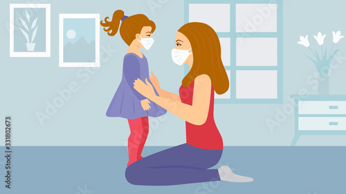 Mother wearing medical mask protection for her daughter at home. Stop the infection. Coronavirus quarantine. Stay at home
