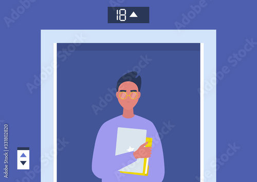 Office promotion concept, young male manager standing inside the elevator, millennials at work