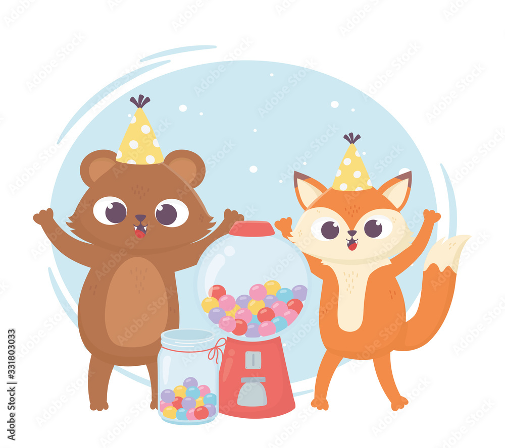 Fototapeta premium happy day, little bear and fox with hat and sweet candies