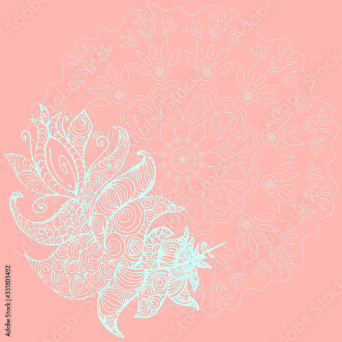 Mandala and zen feather red rose pink green mint turquoise colors vector illustration