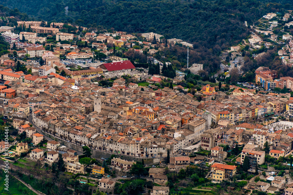 A close-up panoramic aerial view of the old medieval French town Vence (Provence / Riviera / Côte d'Azur)
