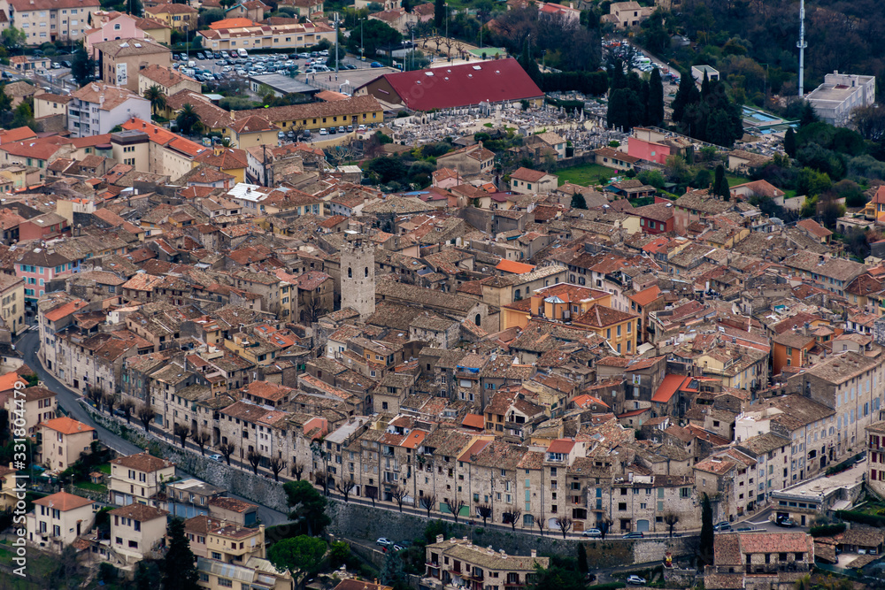 A close-up panoramic aerial view of the old medieval French town Vence (Provence / Riviera / Côte d'Azur)