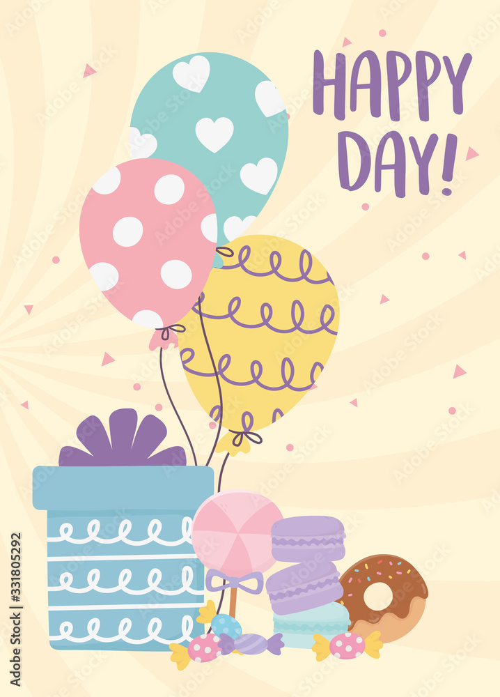Obraz premium happy day, gift balloons donut caramel biscuits cartoon