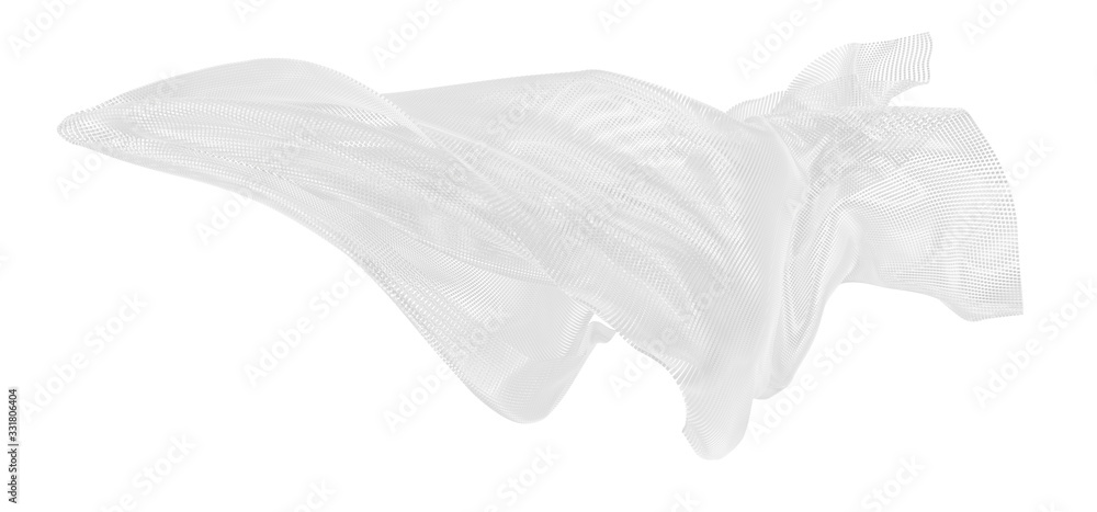 Beautiful flowing particles. White wavy shape made of small cubes. 3D rendering image. Beautiful flowing particles. White wavy shape made of small cubes. 3D rendering image.