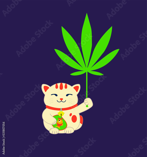 Maneki-neko holds a marijuana leaf. Marijuana Legalization. Cannabis engraving plant.