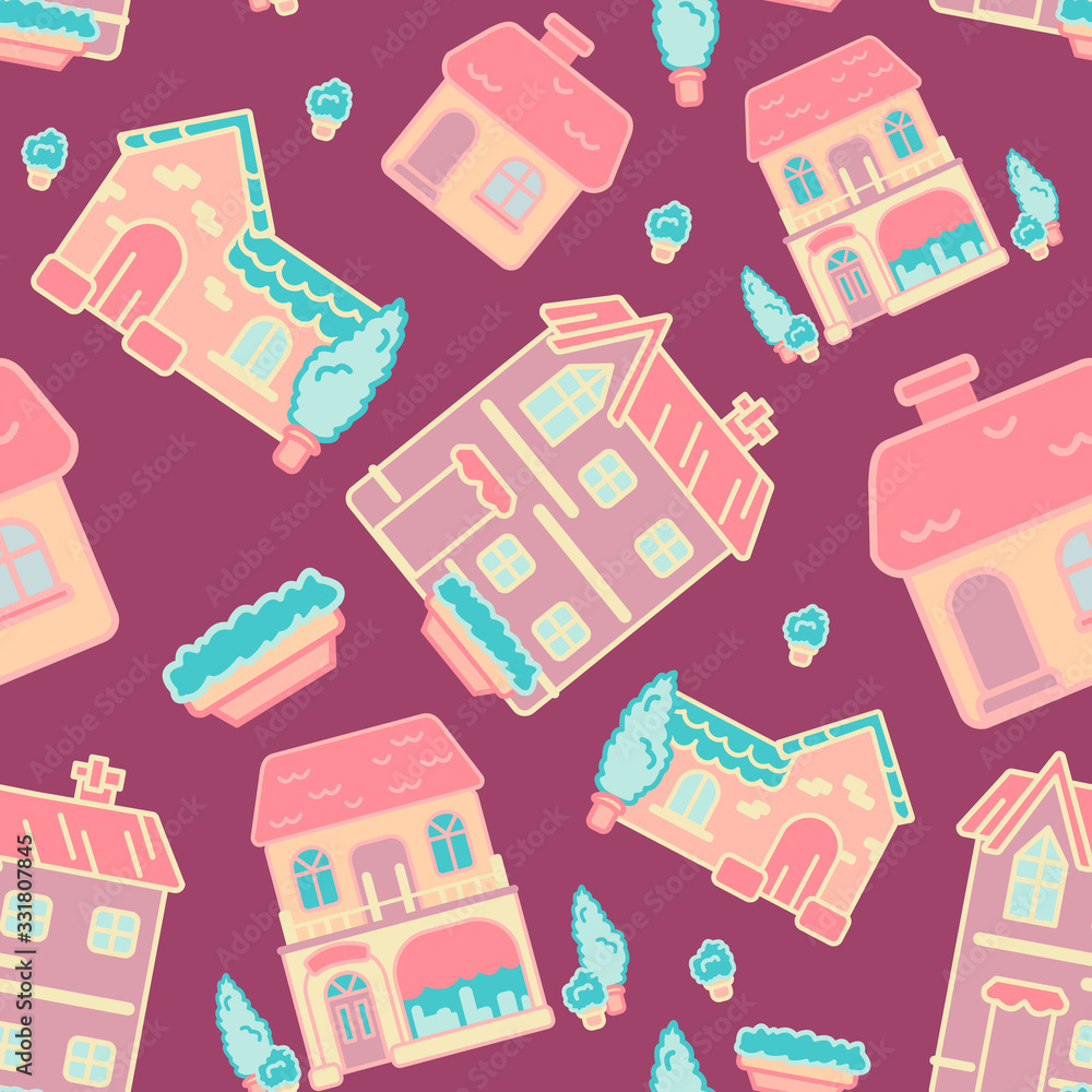 Elegant cottages on violet backdrop. Town house seamless pattern for wallpaper, wrap paper, sleepwear, bath tile or bed linen. Phone case or cloth print. Minimal style stock vector illustration