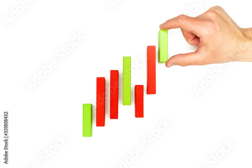 Hand wraps Japanese candles on a white background. exchange candles, financial chart, stock market, cryptocurrency market. concept of manipulation of stock and cryptocurrency markets