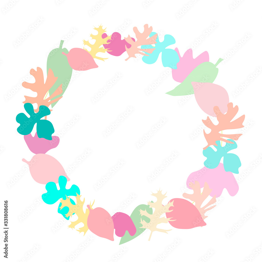 Modern abstract cover design with round frame abstract leaves. White background isolated. Frame border background.Vector paper illustration. Floral botanical collection. Textile ornament.  