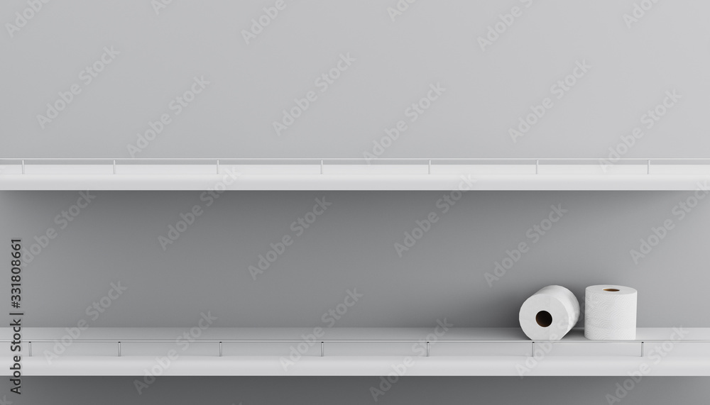 Empty shelves of toilet paper rolls in supermarket store due to China novel coronavirus covid-19 outbreak panic. closeup empty white supermarket shelves , coronavirus panic shopping, 3d render Empty shelves of toilet paper rolls in supermarket store due to China novel coronavirus covid-19 outbreak panic. closeup empty white supermarket shelves , coronavirus panic shopping, 3d render