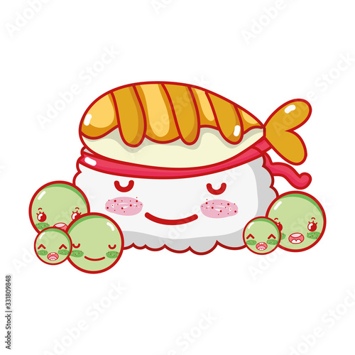 kawaii sushi fish and peas food japanese cartoon, sushi and rolls