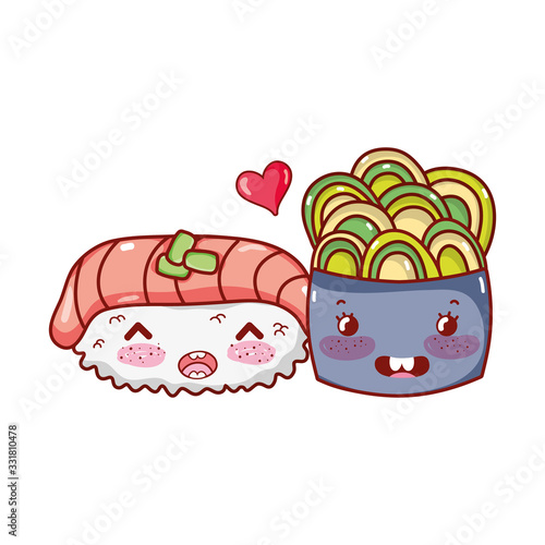 kawaii sushi salmon wasabi and salad food japanese cartoon, sushi and rolls