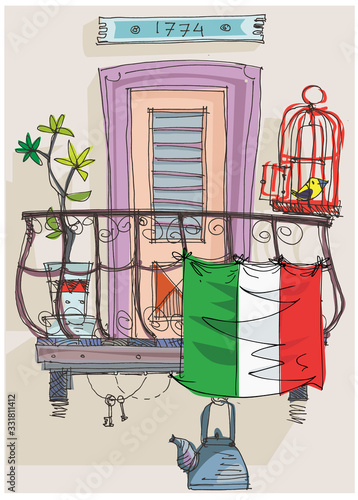 Italian flag on traditional mediterranean balcony as symbol of struggling with coronavirus pandemic. Cartoon. Sketch.