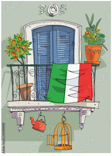 Italian flag on traditional mediterranean balcony as symbol of struggling with coronavirus pandemic. Cartoon. Sketch.