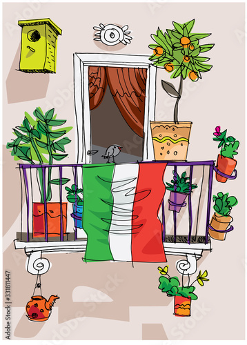 Italian flag on traditional mediterranean balcony as symbol of struggling with coronavirus pandemic. Cartoon. Sketch.