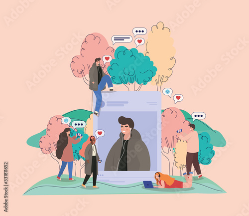 Boy picture trees bubbles and people with smartphones vector design