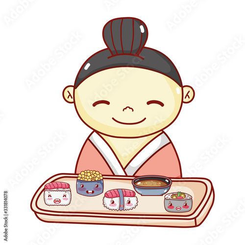 geisha with tray sushi soup rice food japanese cartoon, sushi and rolls