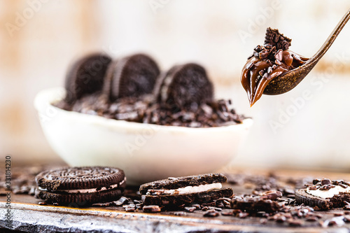 white and black chocolate filling. Creamy Easter egg filling, for spoon egg. Typical Brazilian tradition, gourmet Easter dessert. Selective focus.