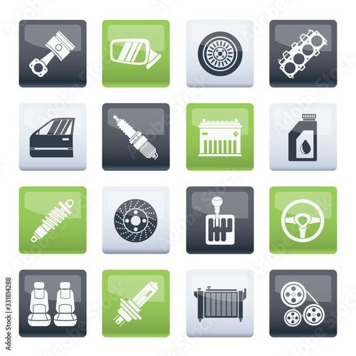 Detailed car parts icons over color background - vector icon set