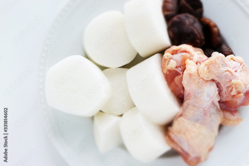 Chinese cooking, chicken and mushroom with radish for prepared ingredient Chinese cooking, chicken and mushroom with radish for prepared ingredient