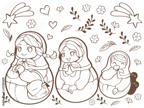 Cute hand drawn doodle Cute Matryshka doll and accessory vector illustration, Villager girl and her sister. Cute object outline isolated on white background. Used for coloring book, Embroidered patter