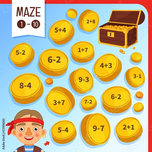 Maze game for children. Help the pirate get to the treasure chest