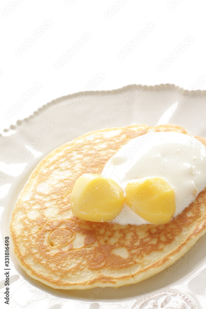 Fototapeta premium Chestnut and cream on homemade pancake with copy space