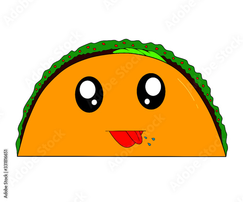 Hand draw cartoon happy smile yummy single taco in isolated white background