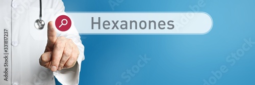 Hexanones. Doctor in smock points with his finger to a search box. The word Hexanones is in focus. Symbol for illness, health, medicine photo