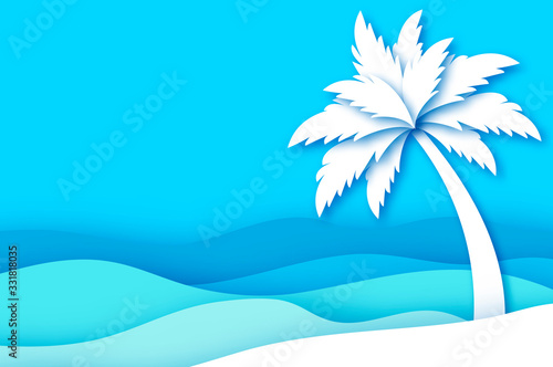 Seaside landscape in paper cut style. Nobody under the palm tree on Seashore. Time to travel. Tropical summer holidays.