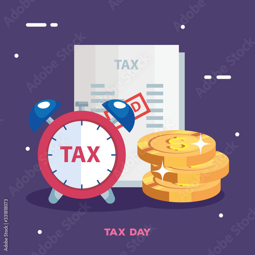 tax day poster with alarm clock and icons vector illustration design