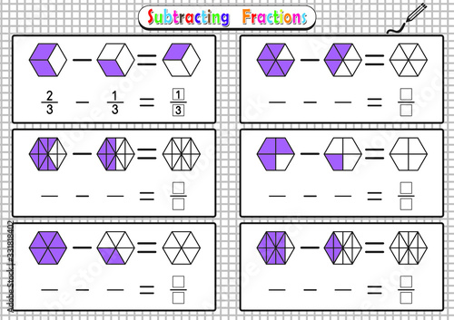 Subtracting Fractions Worksheets, math fraction worksheet for kids, Educational Game